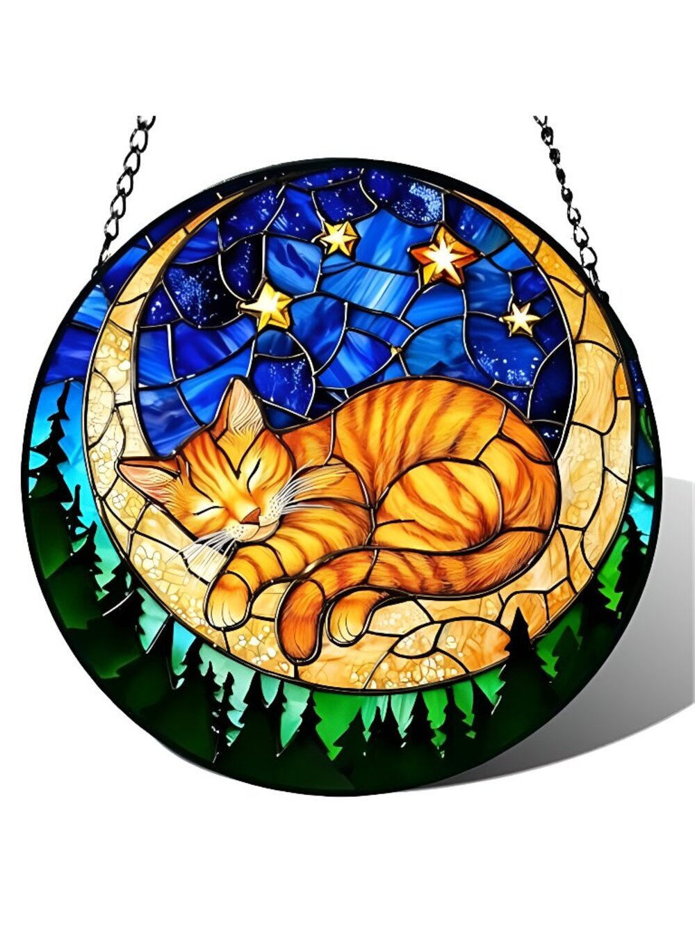 Stained Glass Window Hanging, Orange Sleeping Cat Suncatcher for Door Home Decor